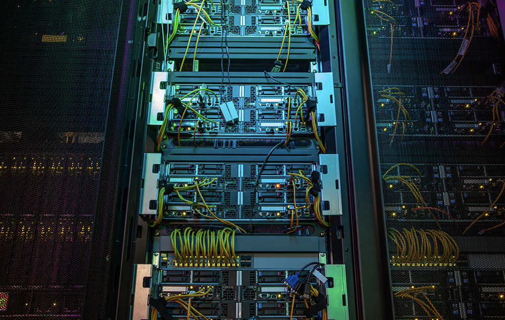 e-BO Supercomputer, Rackmounted Servers in a Datacenter, Modern Telecommunications, Artificial Intelligence, Technology Concept symbolizing the capabilities of high-performance computing, Data Center.